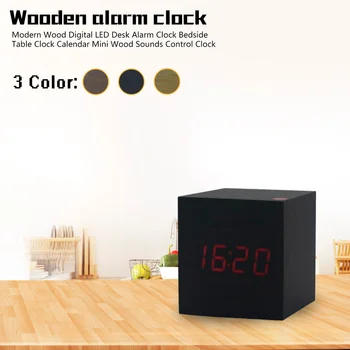 

Cube Wooden Clock Digital LED Desk Table Alarm Clock Thermometer Sounds Control LED Display Calender