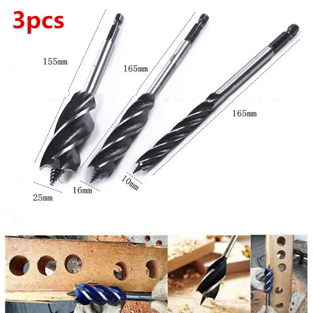 

3pcs Carbon Steel Hex Handle Lengthened Woodworking Drill Bit 10mm/16mm/25mm Four-Slot Deep Hole Twist Drill Bit