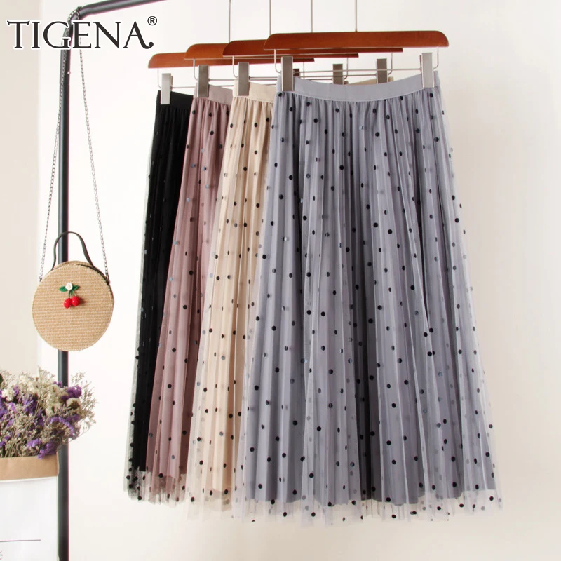 TIGENA Reversible Tulle Velvet Skirt Women Fashion 2019 Spring Elegant Polka Dot Long Skirt Female High Waist Pleated Midi Skirt TIGENA Reversible Tulle Velvet Skirt Women Fashion 2019 Spring Elegant Polka Dot Long Skirt Female High Waist Pleated Midi Skirt