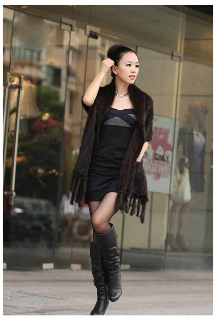 natural knit mink fur shawl with tassels for lady (2)