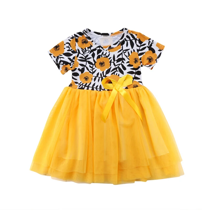 Baby Girls Yellow Floral Dresses Print Ball Gown Tutu Tulle Dress