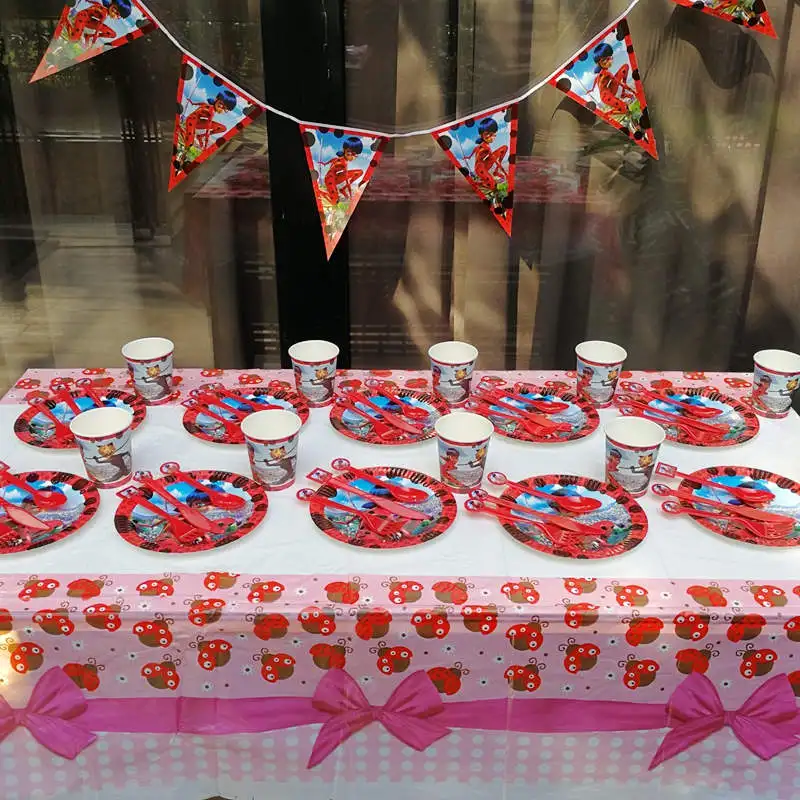 

Wonderful Ladybug Girl 128Pcs/Lot Disposable Paper Cup Plate Banner Kid Birthday Family Party Wedding Event Decoration Supply