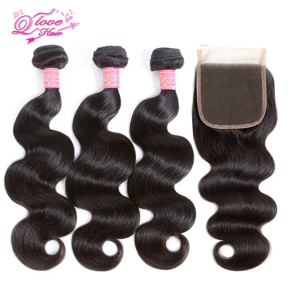 

Queen Love Hair Brazilian Body Wave 3 Bundles With Closure Natural Color Non-Remy Hair Human Hair Bundles With Closure
