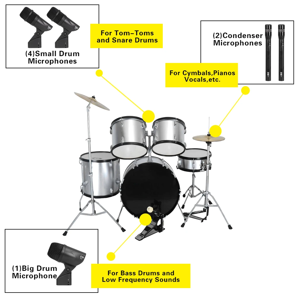 XTUGA PI7 Набор из 7 проводных динамических барабанных микрофонов(металл и пластик)-ударные басы, Том/Snare& тарелки набор микрофонов-использование для барабанов