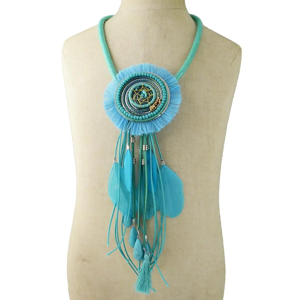 Vintage Statement Dreamcatcher India Tribe Ethnic Tassels Feather Pendant Sweater Necklace Boho Jewelry