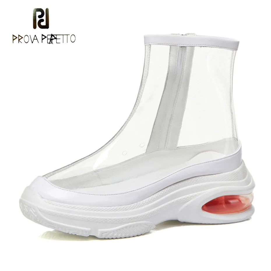 

Prova Perfetto mixed color thick sole transparent pvc short boots women round toe platform flat martin boots ladies jelly shoes