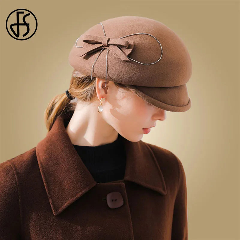 FS 2018 New Womens Black Beret Wool French Hat Caps Winter Felt Bow