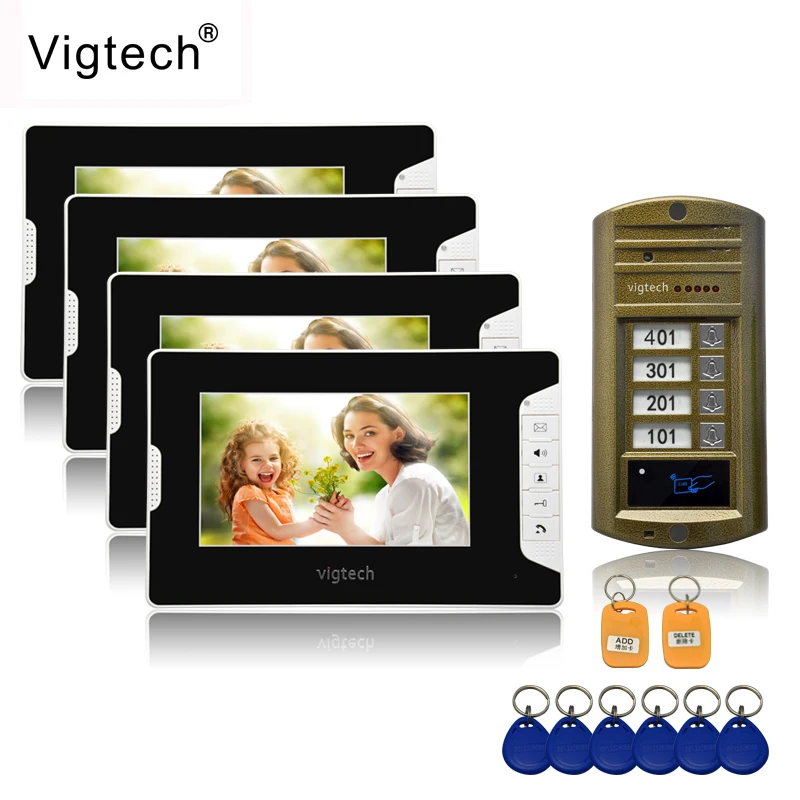 cheap Vigtech 7 #039; #039; color video door phone 4 monitors with 1 intercom doorbell can control 4 houses for multi apartment RFID Camera