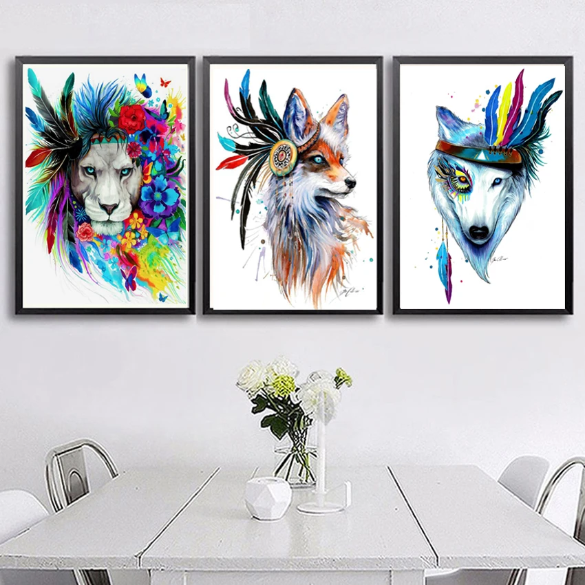 

Wall Art Canvas Animal Oil Painting Wolf and Flower Wall Pictures For Living Room No Frame Posters and Prints for Home Decor
