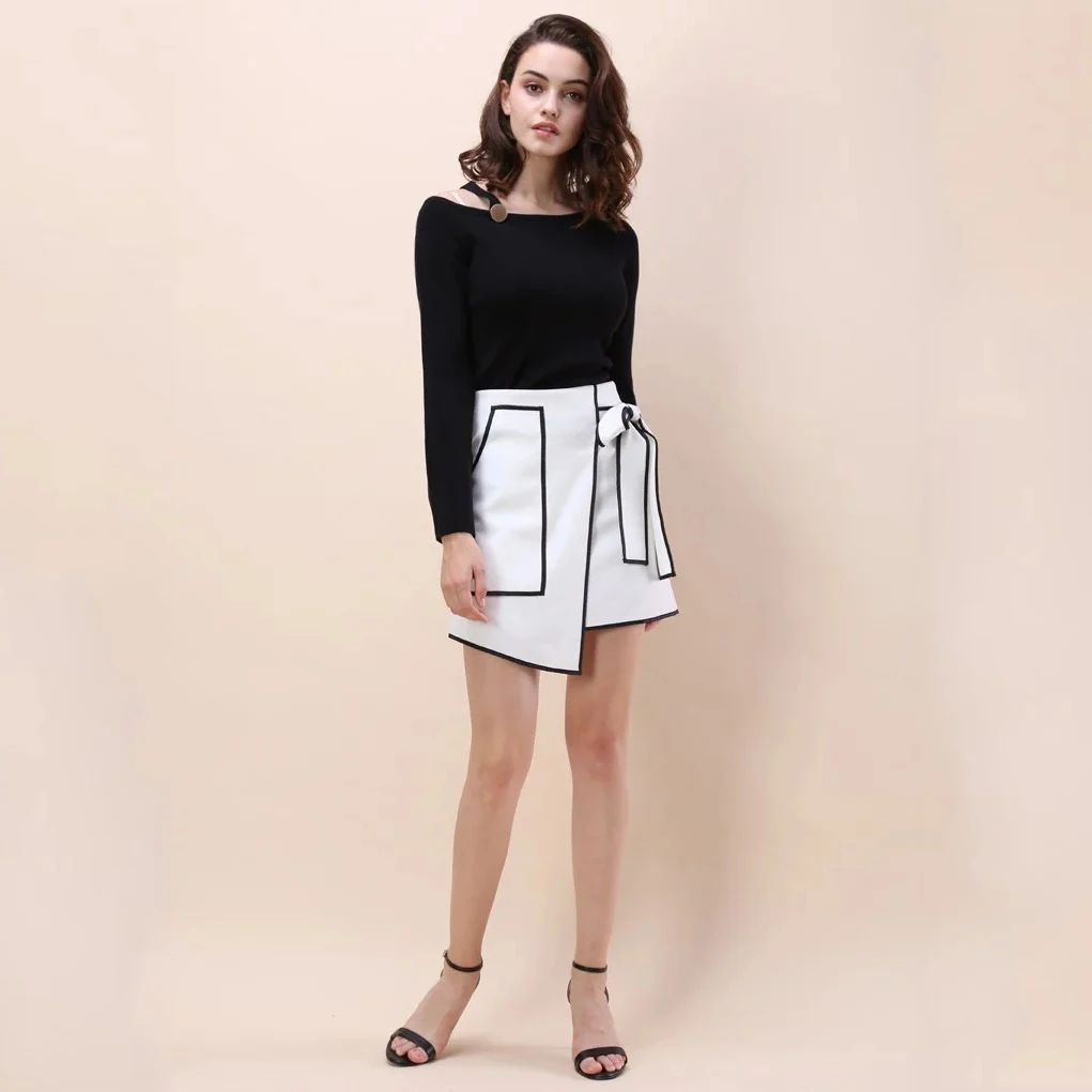 HYH HAOYIHUI Fashion Women Sweater Solid Black Asymmetric O-neck Cold Shoulder Full Sleeve Lady Tops Belt Button Pullovers