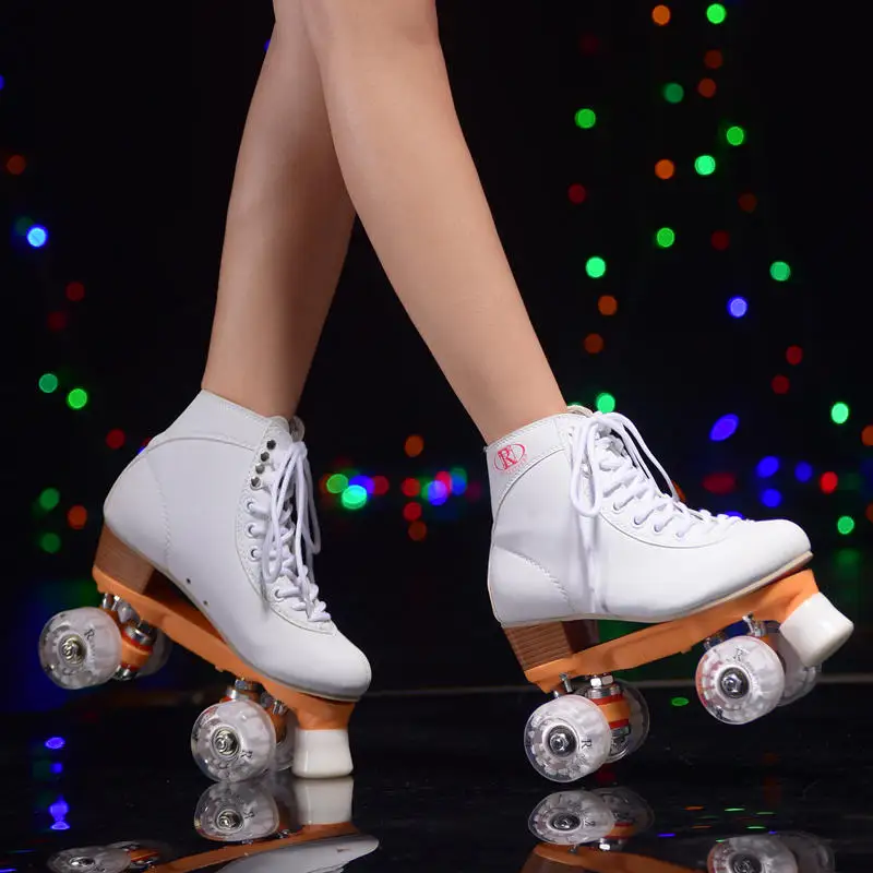 

White Roller Skates Yellow Frame White Led Lighting Wheels Double Line Skates Adult 4 Wheels Two line Roller Skating Shoes