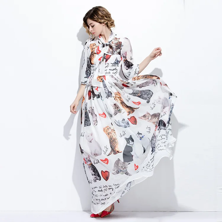 

High quality 2018 new fashion pattern cat print light breathable comfortable fabric with long-sleeved slim maxi dress women