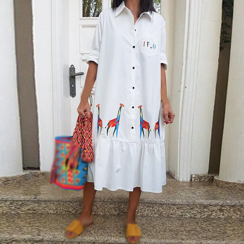 

Women's dress Casual Lapel summer Loose Long Sleeve Single Breasted Printed Long Dress