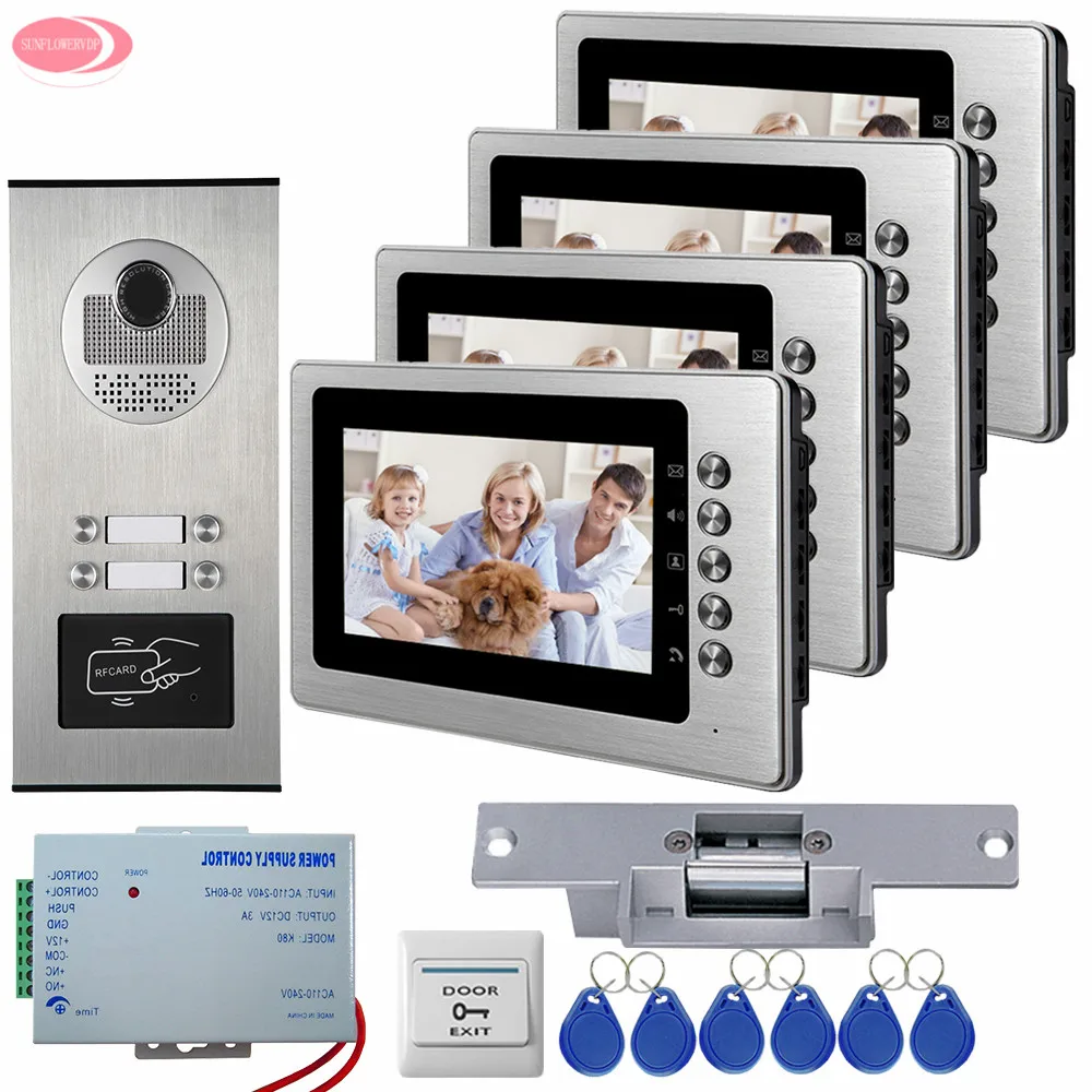 7'' Video Intercom Video Call on The Door of The Apartment Videophone 4 monitors RFID Access Outdoor Camera Electric Strike Lock