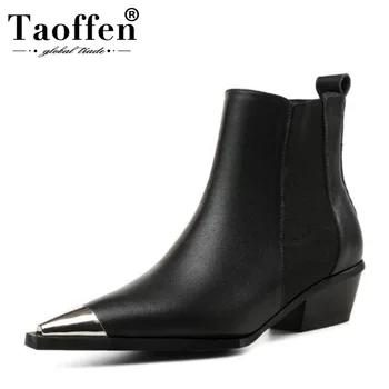 

Taoffen Women Genuine Leather Boots Square Heel Pointed Toe Sexy Ankle Boots For Women Autumn Ladies Platform Shoes Size 34-43