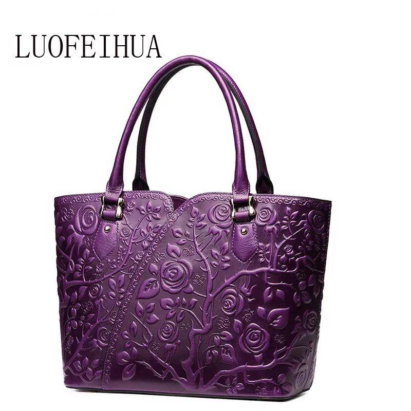 

LUOFEIHUA 2019 new leather handbag Original ethnic style embossed pure leather handbag Retro big bag shoulder bag