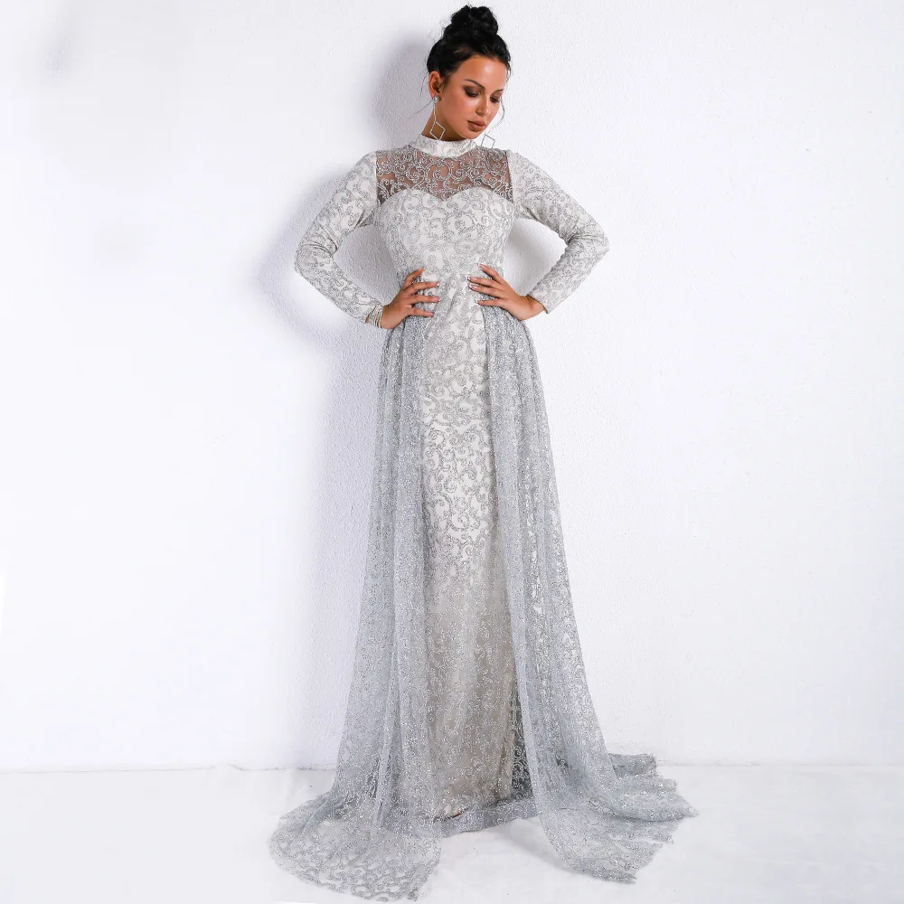 

Top Quality Turtleneck Floor-Length Dress Long Sleeve Fashion Celebrity Evening Party Elegant Women Sexy Dresses
