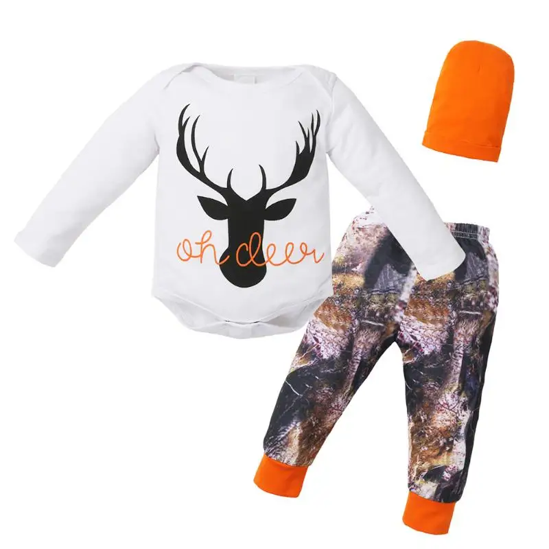 

3pcs/set Baby Clothing Set Newborn Boy Girl Deer Print Long Sleeve Bodysuit+Printing Pants+Hat Fashion Autumn Infant Outfits Set