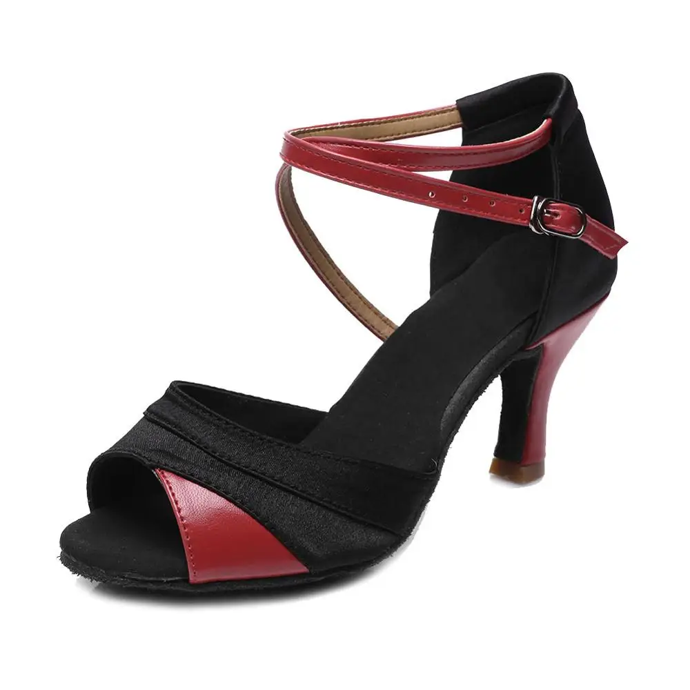 Женская, девичья, Дамская обувь для латинских бальных танцев, атлас/ПУ, профессиональные, сальса, танго, вечерние, танцевальные туфли, высокое качество, 7 см/5 см - Цвет: black red 7cm