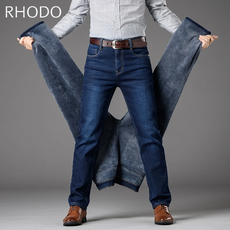 New Men`s Denim Pants Retro Dark Blue Warm Thicken Fleece Stretch ...