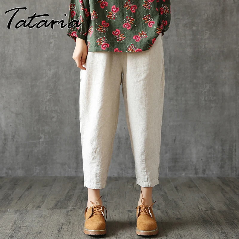 

Tataria Cotton Linen Pants Women Loose Casual Harem Pants for Women Ankle Length Wide Leg Pants Female Elastic Waist Pant M-4XL