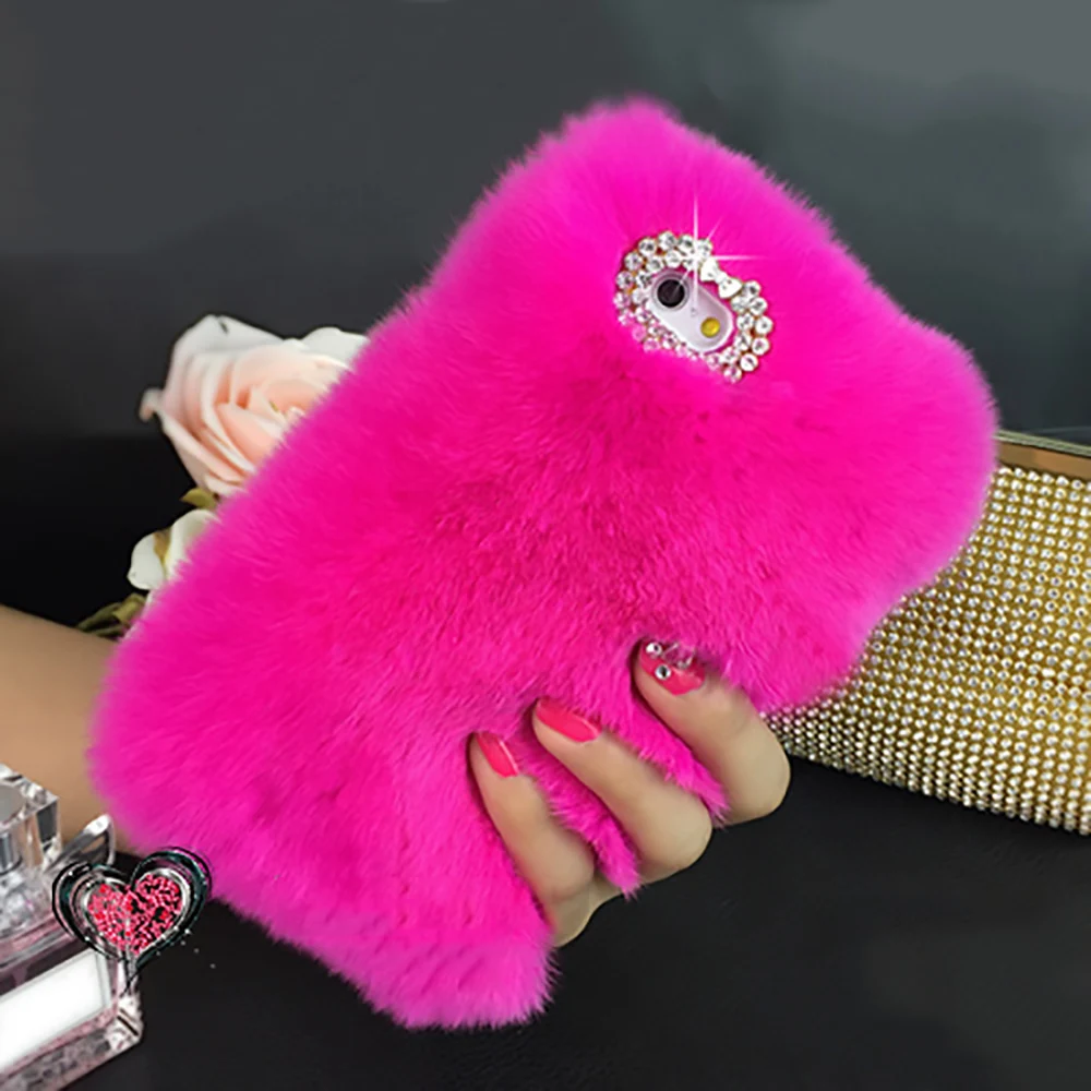 Luxury Rabbit Fur Case for iPhone XS Max Xr X 8 7 6 6S Plus SE 5S Cover Fashion Bling Diamond Winter Soft Furry Plush Phone Case puffer case Cases For iPhone