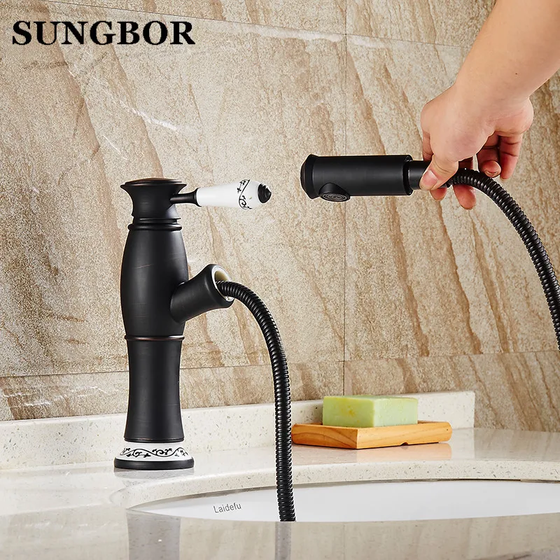 Gold Black Copper Basin sink Faucet Pull Out spray spout Hot & Cold