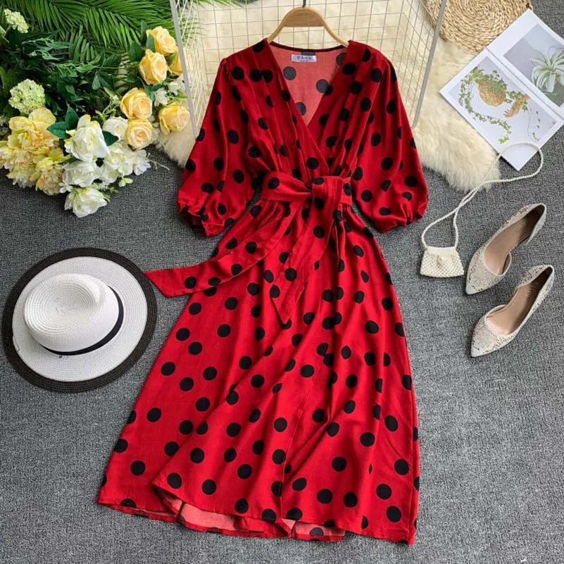 

NiceMix Women Long Maxi Dress 2019 Summer Deep V Neck Dot Print Boho Style Beach Dress Casual Short Sleeve Bandage Party Dress V