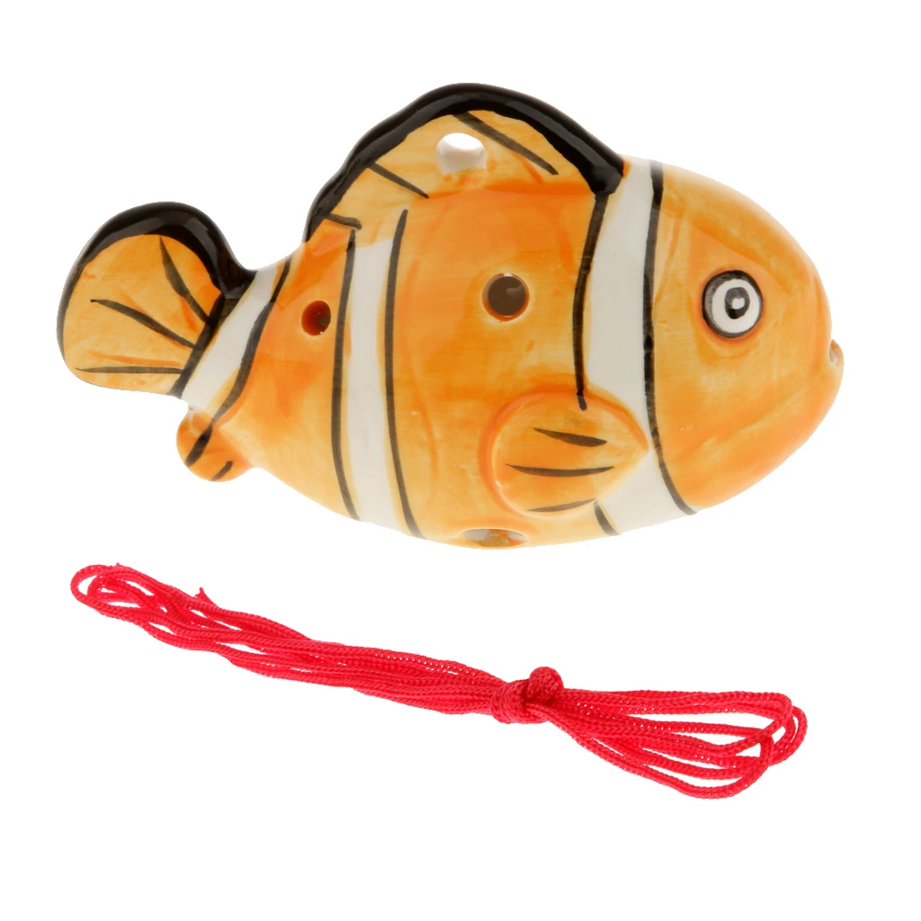 

Portable Instrument Fish Shape 6 Holes Ocarina Ceramic Orange Musical Strap with Finger Chart Textbook