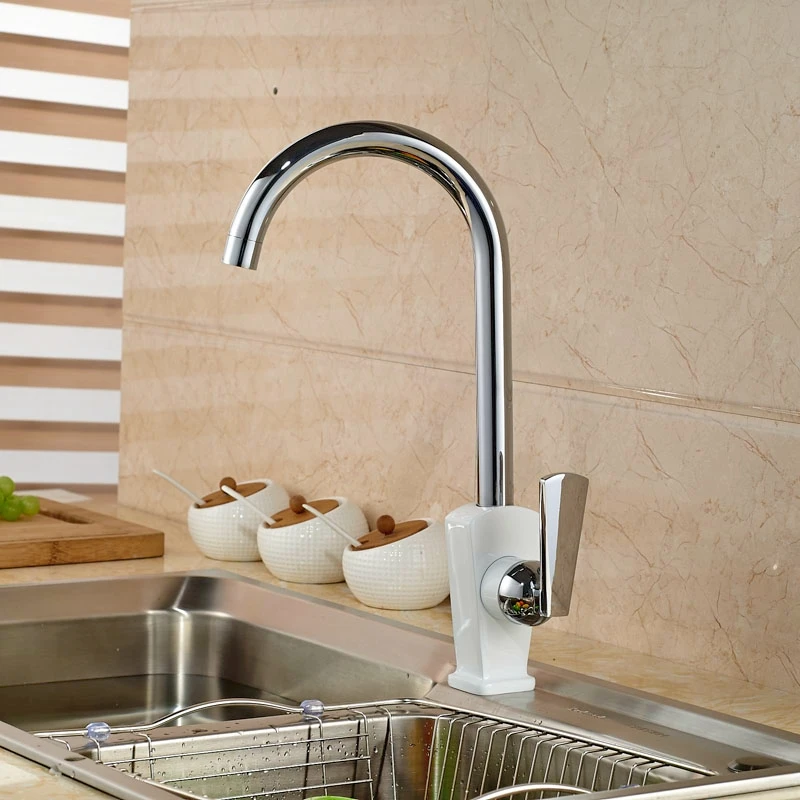 

Widespread Chorme Finish Deck Mounted Kitchen Faucet White Base Tap Mixer Tap