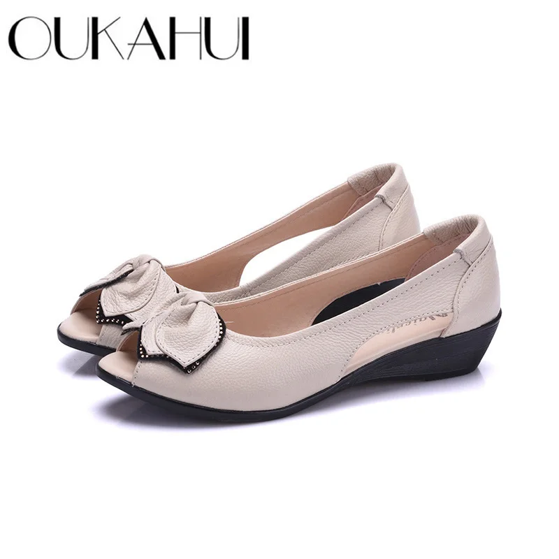 

OUKAHUI Summer Peep Toe Ladies Sandals Wedge Low Heel 4CM Open Toe Genuine Leather Flat Sandals For Women Slip-On Summer Shoes