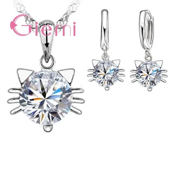 

Hot Sale New 925 Sterling Silver Jewellery Sets Cubic Zircon Pretty Cat Head Pendant Necklace Hoop Earrings Set