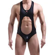 Пикантная Мужская Нижняя Майка искусственная кожа полиуретан Для мужчин; облегающая куртка Фитнес эластичные Повседневное круглым вырезом Открыть Батт дышащие майки