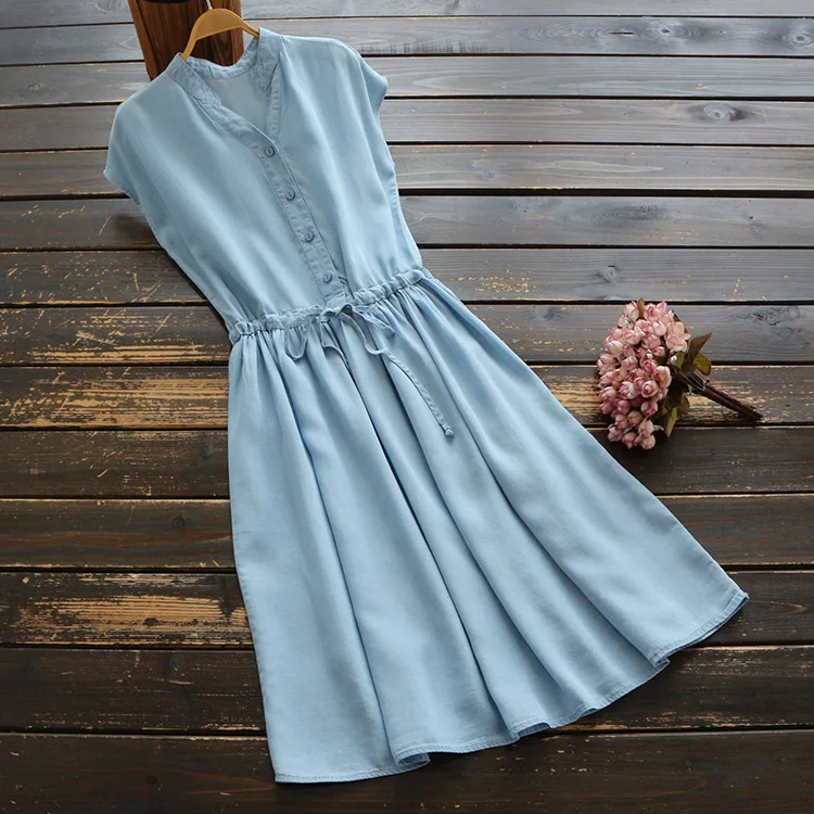 

brief solid color drawstring v-neck sleeveless tank denim A-Line dress