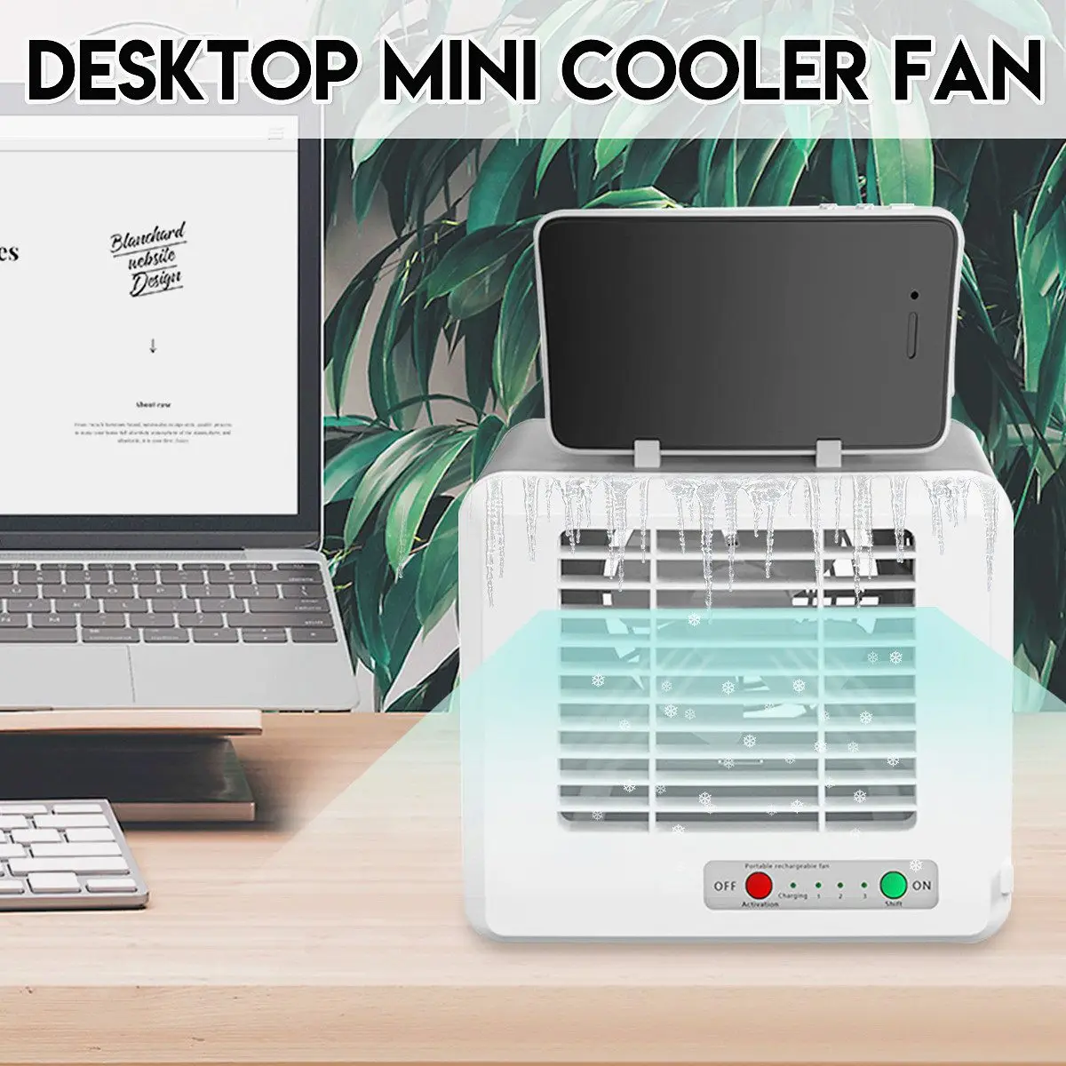 

USB Mini Portable Air Conditioner Fan Desktops Humidifier Air Cooling Fan Air Cooler Fan for Office Home + Mobile Phone Holder