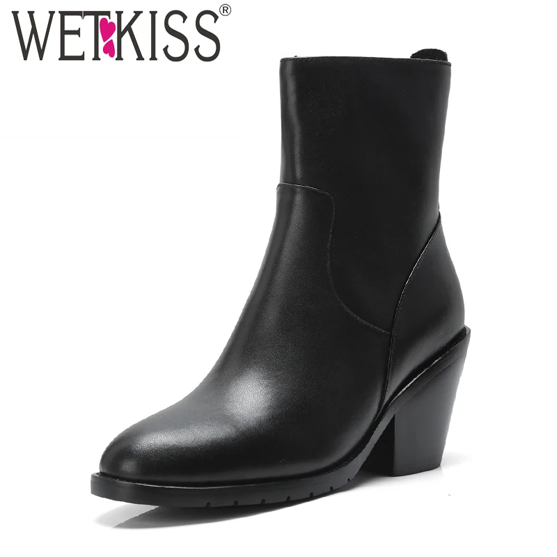 

WETKISS Genuine Leather Women Ankle Boots Round Toe Footwear Zip Female Boot High Heels Shoes Woman Winter 2018 Black New