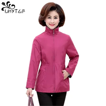

UHYTGF Spring autumn Women Casual Jackets Plus Szie Mother's coat Fashion Thin Windbreaker Coat Solid color cardigan Jackets 186
