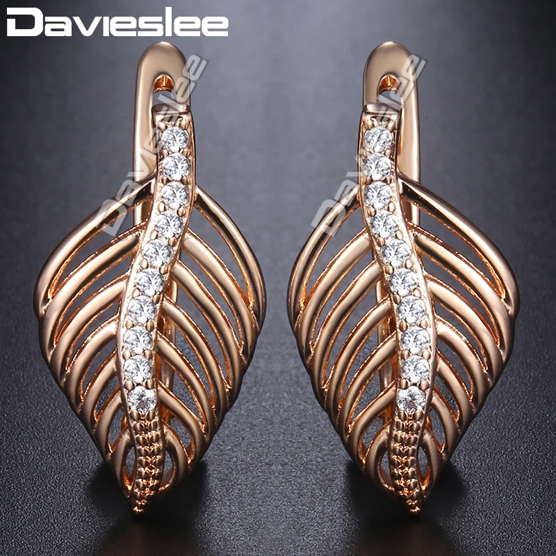 

Davieslee Earrings For Women 585 Rose Gold Filled Leaf Shaped Stud Earring Clear CZ Stone Fashion Jewelry DGE166