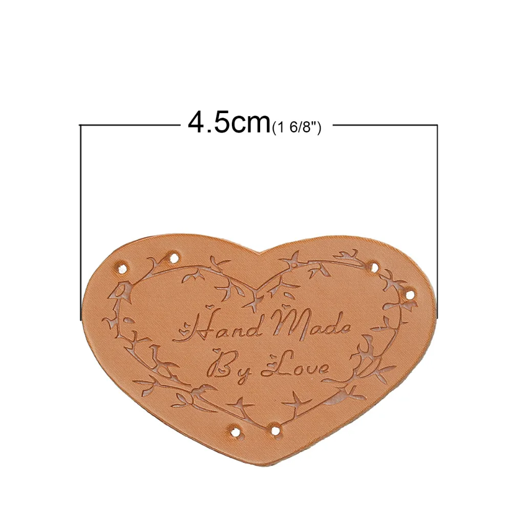 Декоративные наклейки светящееся сердце из искусственной кожи коричневого ветви сообщение "Hand Made By Love" узор 45 мм x 30 мм, 20 шт