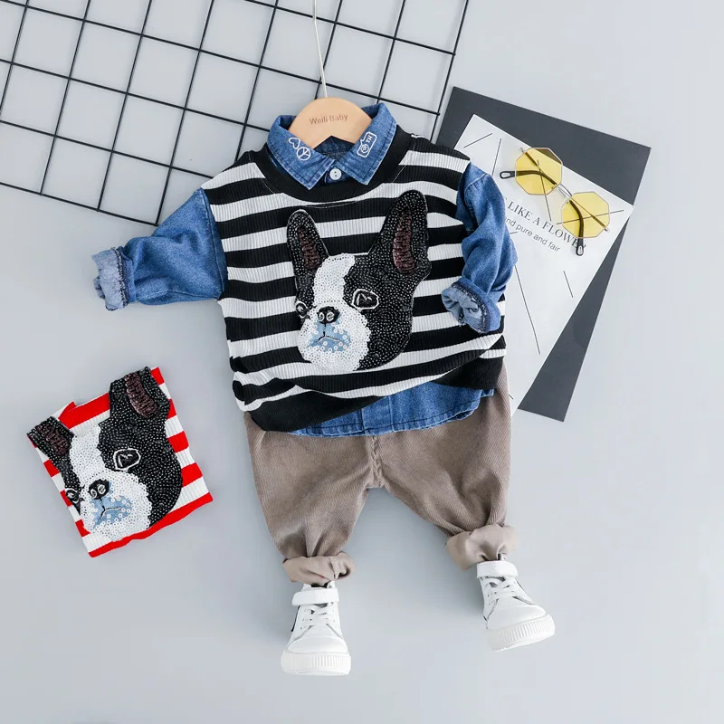 

2019 Fashion Kids Sets for Boys Clothes Denim Shirt+ Knitted Vest+Casual Pants 3pcs Brand Casual Outfits 0-3T Age Cotton Boy Set