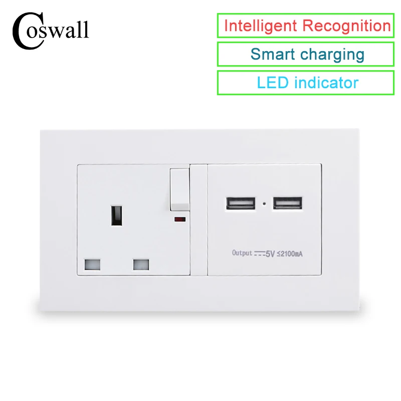 

COSWALL Wall Socket 13A UK Standard Power Switched Outlet With Dual USB Charger Port For Mobile 5V 2.1A LED Indicator PC Panel