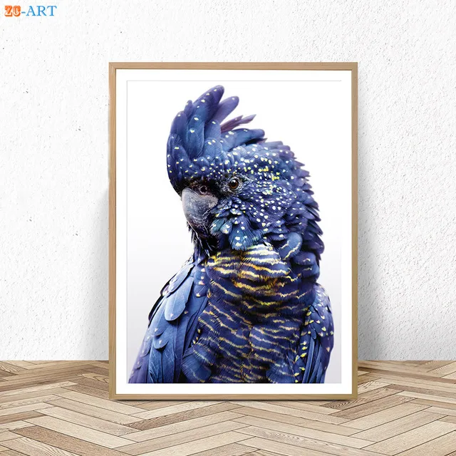 Modern Australian Parrot Print Black Cockatoo Canvas Wall Art Bird Navy Blue Poster Living Room ...