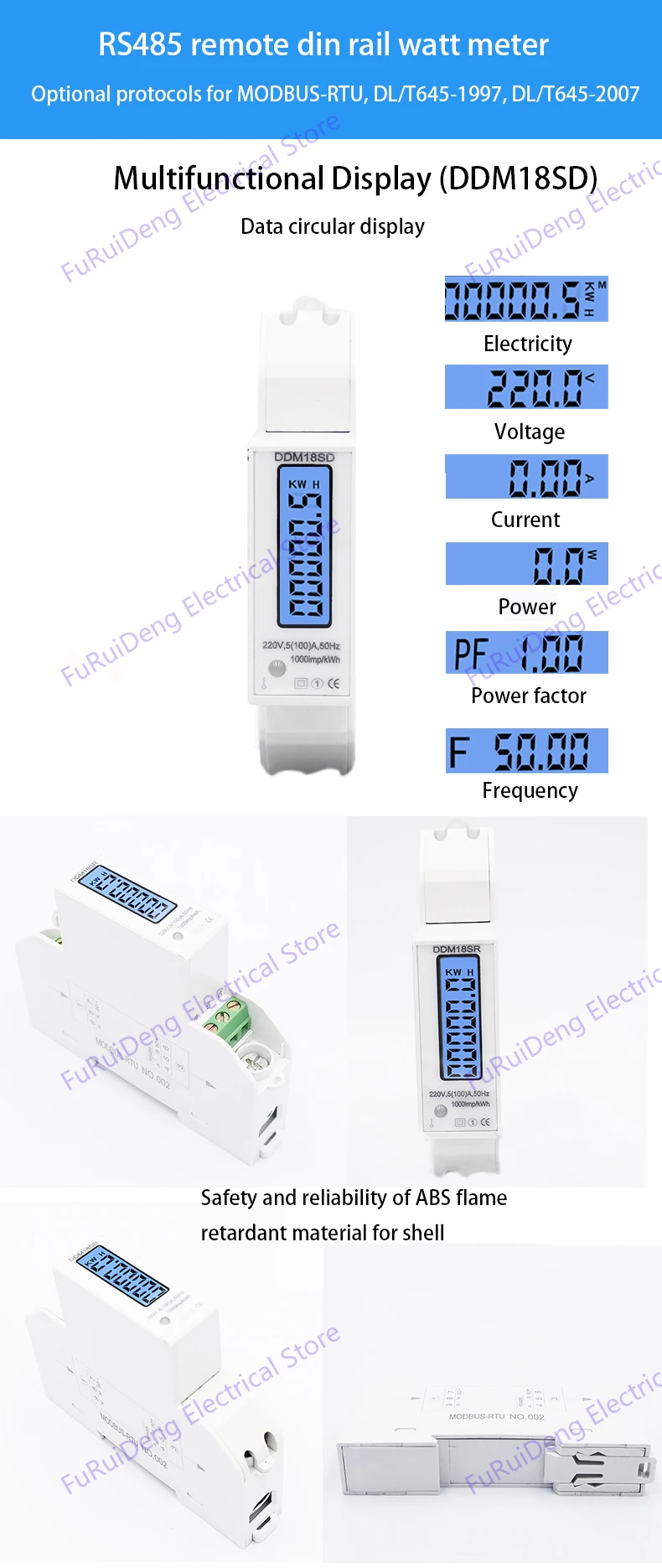 Однофазный два провода RS485 протокол MODBUS ЖК дисплей с подсветкой дисплей Din рейку энергии Ватт метр