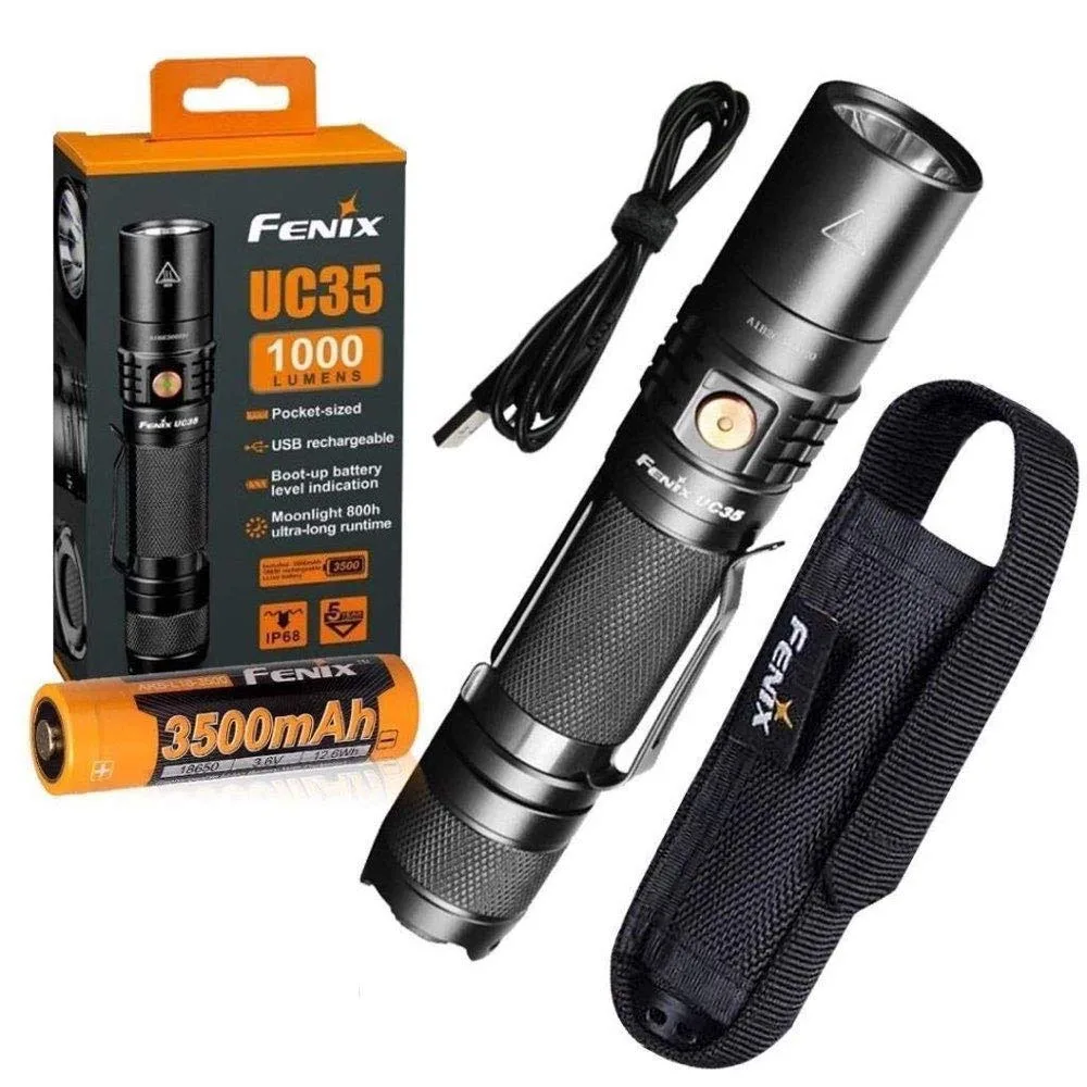 

Fenix UC35 V2.0 2018 Upgrade 1000 Lumen Rechargeable Tactical Flashlight with 3500mAh Battery,Holster, USB Charging Cable