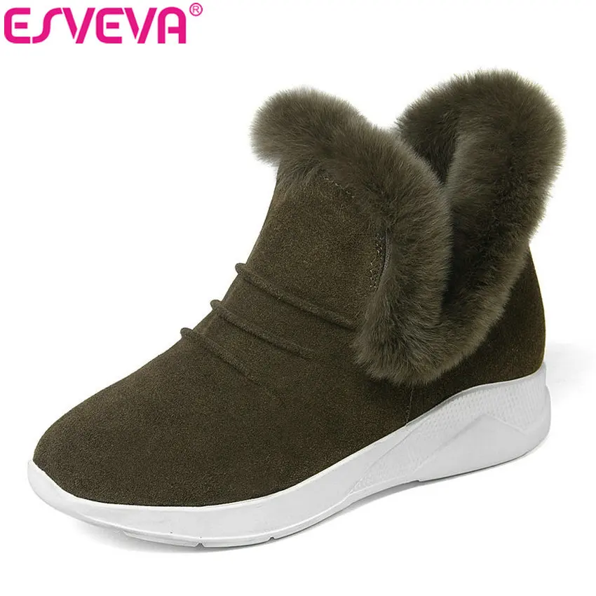 

ESVEVA 2019 Women Boots Cow Suede Round Toe Square Heels Slip on Winter Autumn Shoes Ankle Boots Sewing Woman Shoes Size 34-39