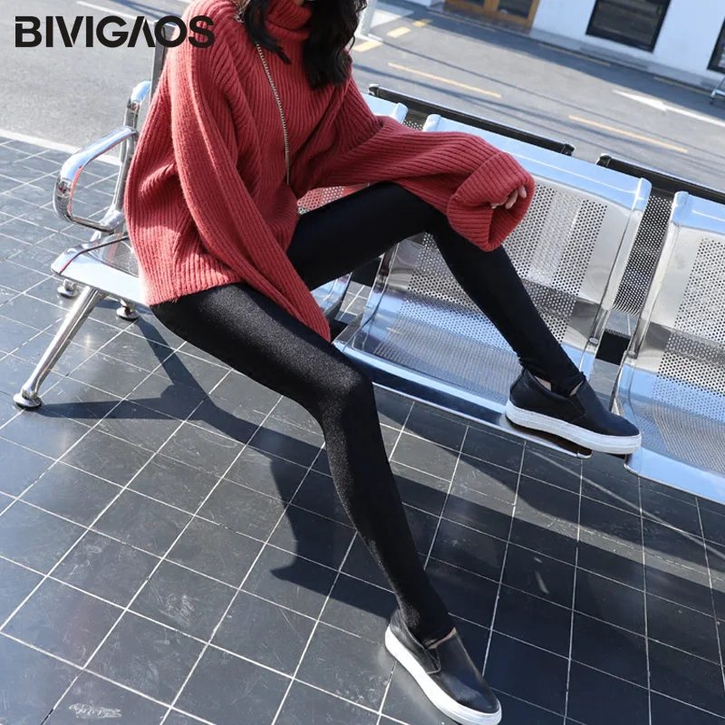 BIVIGAOS осень зима новые теплые глянцевые брюки леггинсы бархатные толстые