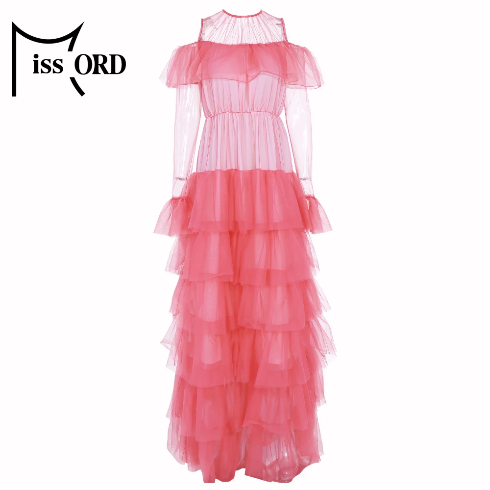 

Missord 2019 Women O Neck Long Sleeve See Through Mesh Dresses Female Elegant Ruffles Maxi Dress FT19573