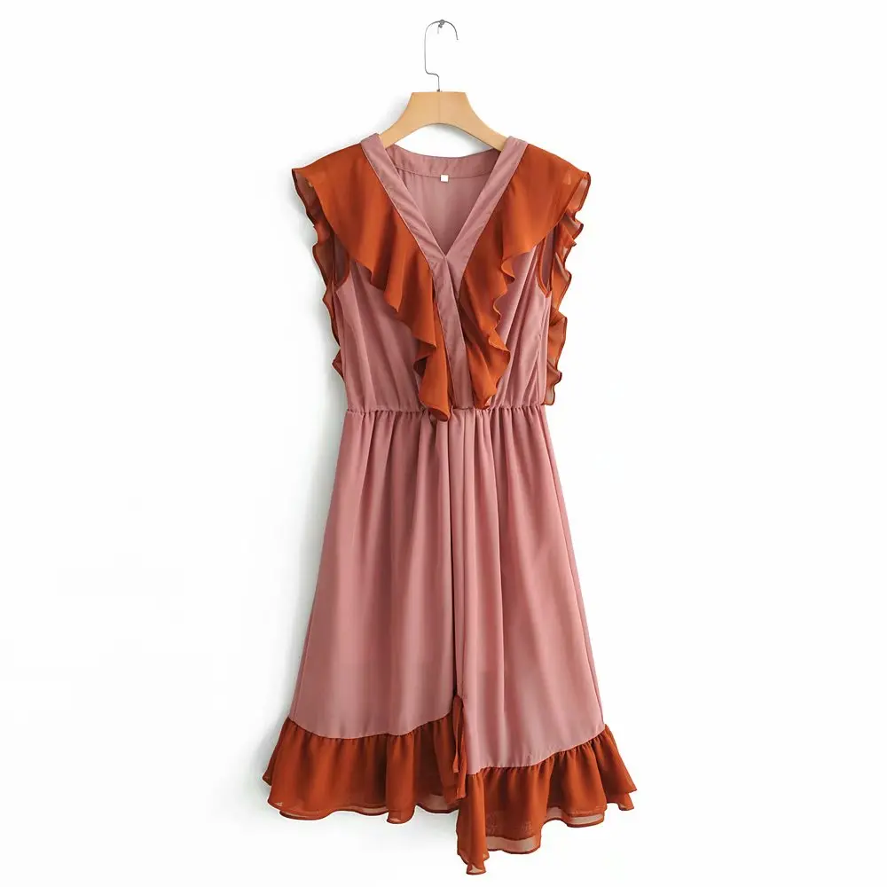

2019 women vintage color matching cascading ruffles patchwork irregular dress female v neck sleeveless vestidos dresses DS2354