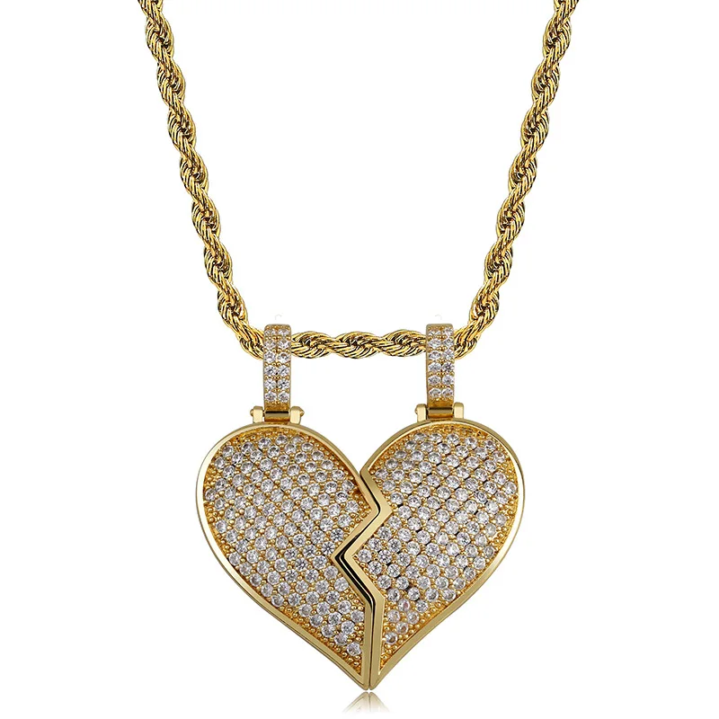 

2019 Custom broken heart Necklace Pendant Gold Silver Color Cubic Zircon Men's Hip hop albums Jewelry dropshipping