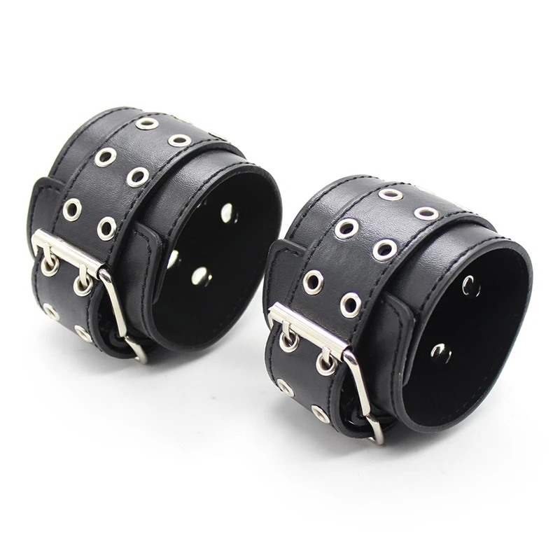  Black Leather Double Row Button Metal Handcuff Ankle Cuff Bdsm Bondage Erotic Under Bed Bdsm Sex To